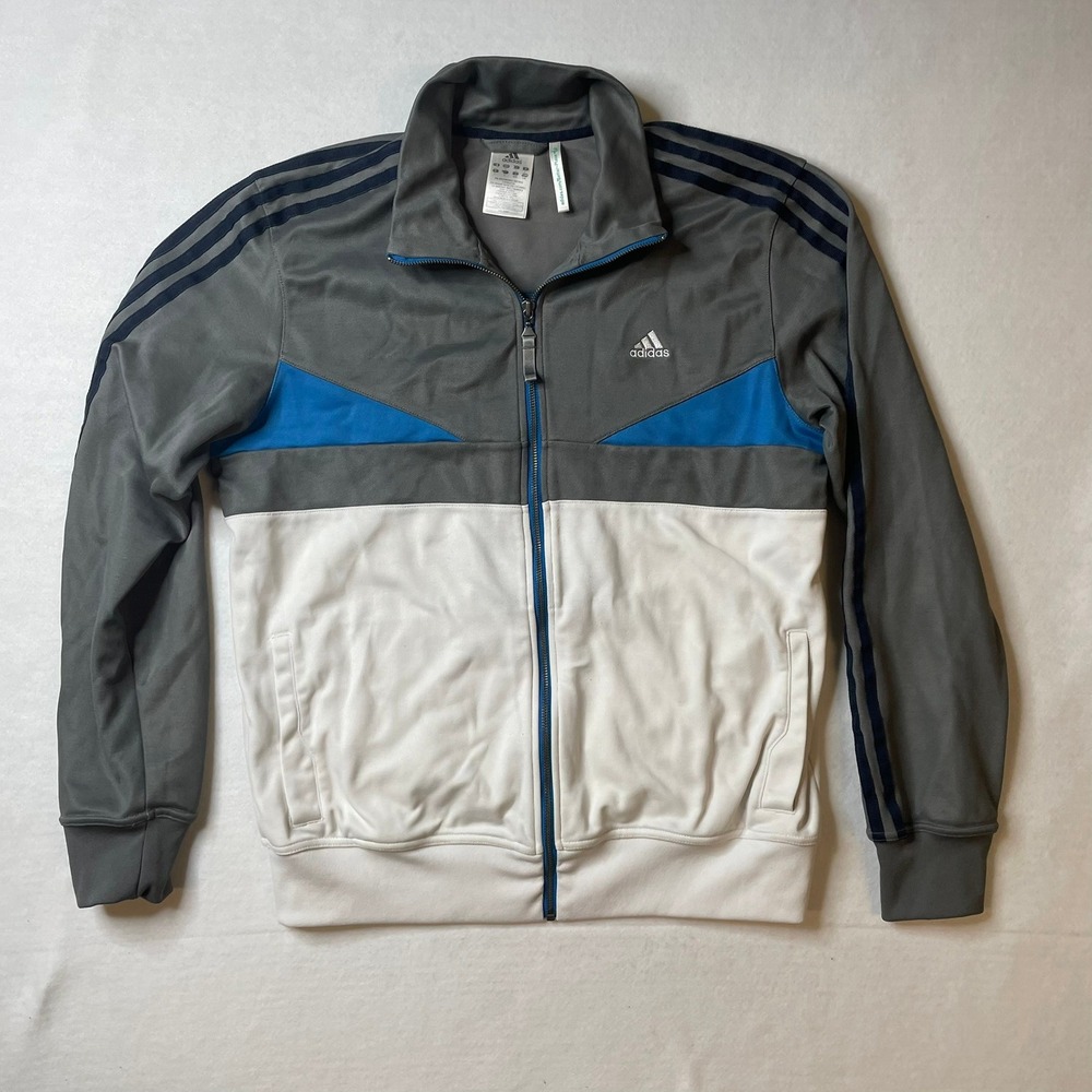 Adidas Track Jacket Mens L Gray Blue White Full Zip Three Stripe Better Place‎